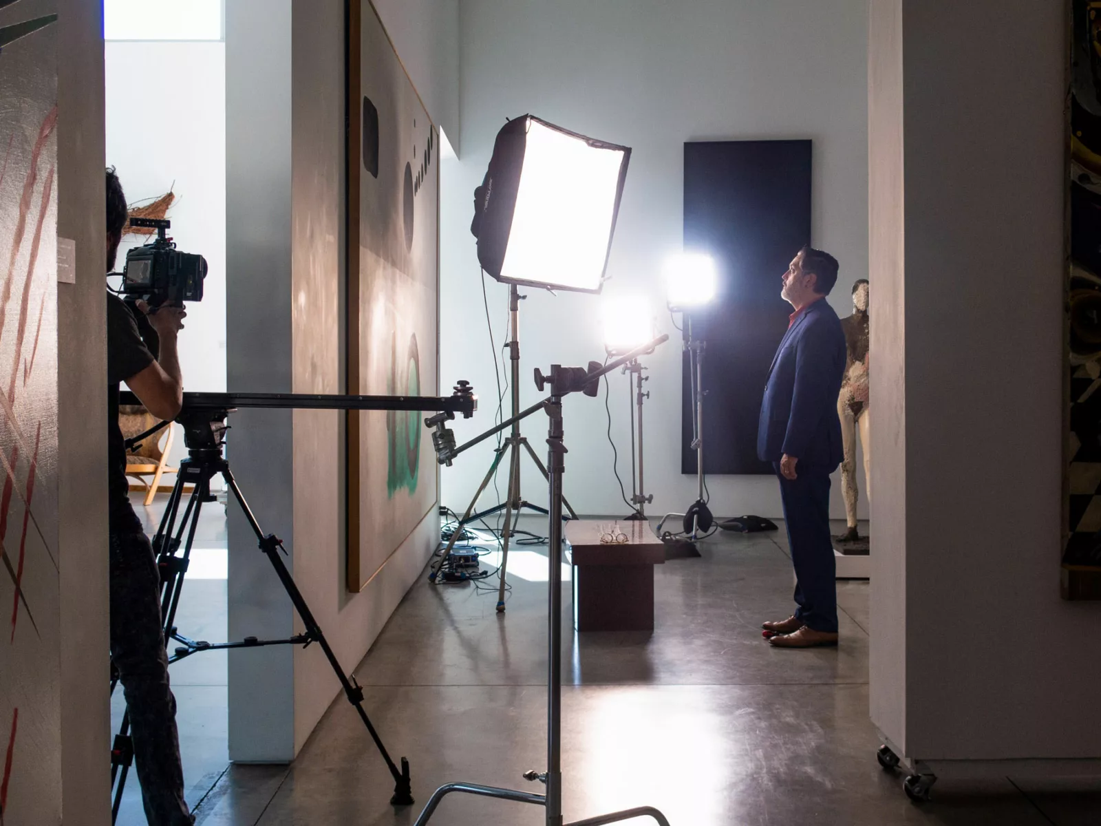 BTS video production with large skypanels, slider and cinema camera of a viewer looking at art in an gallery