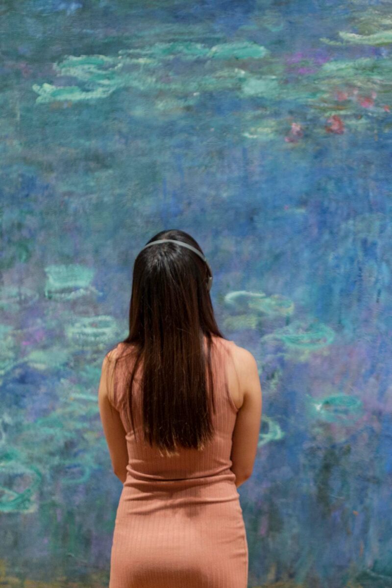 A viewer in front of a impressionist painting by Monet