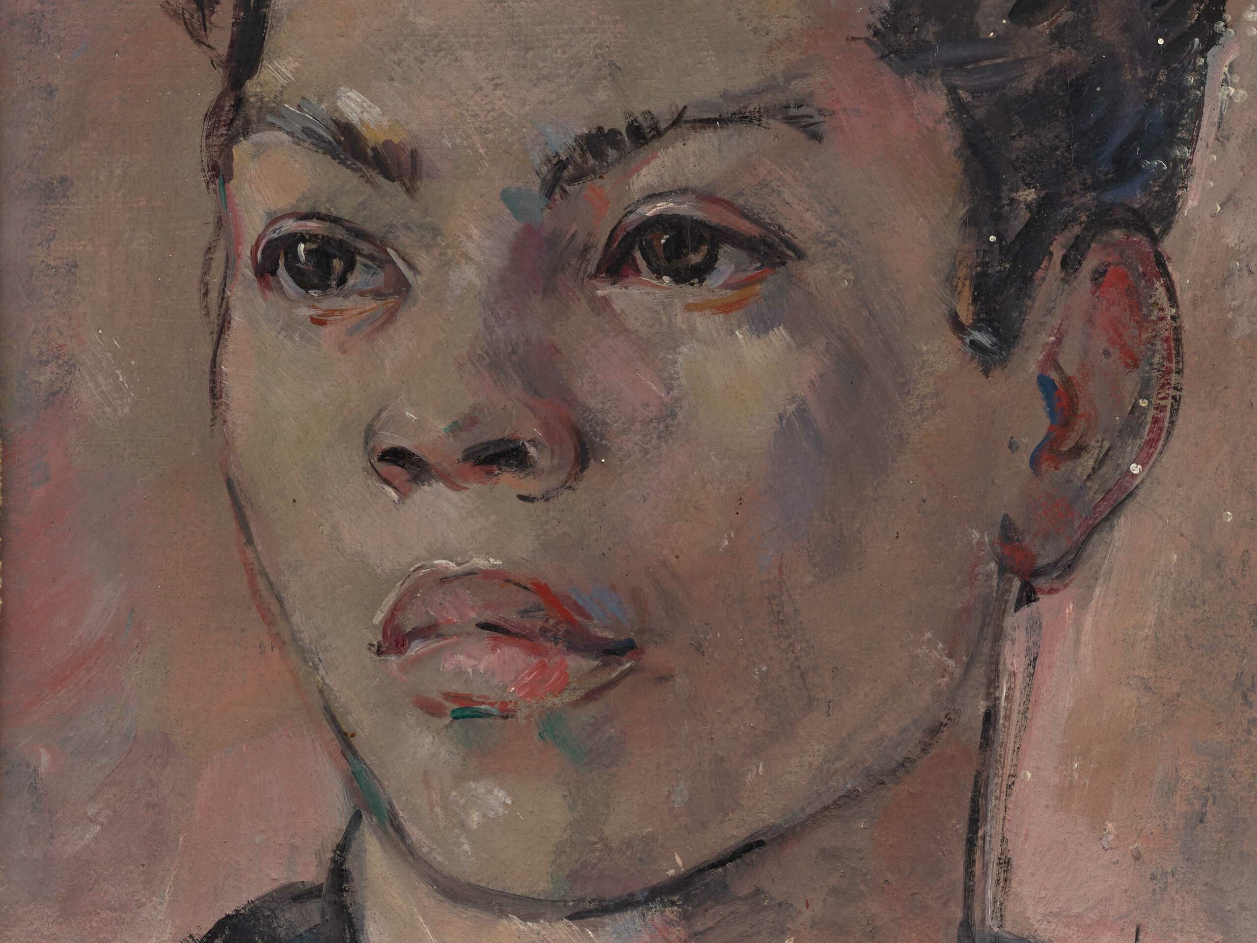 Close up of a portrait of a young person, painted in oil.