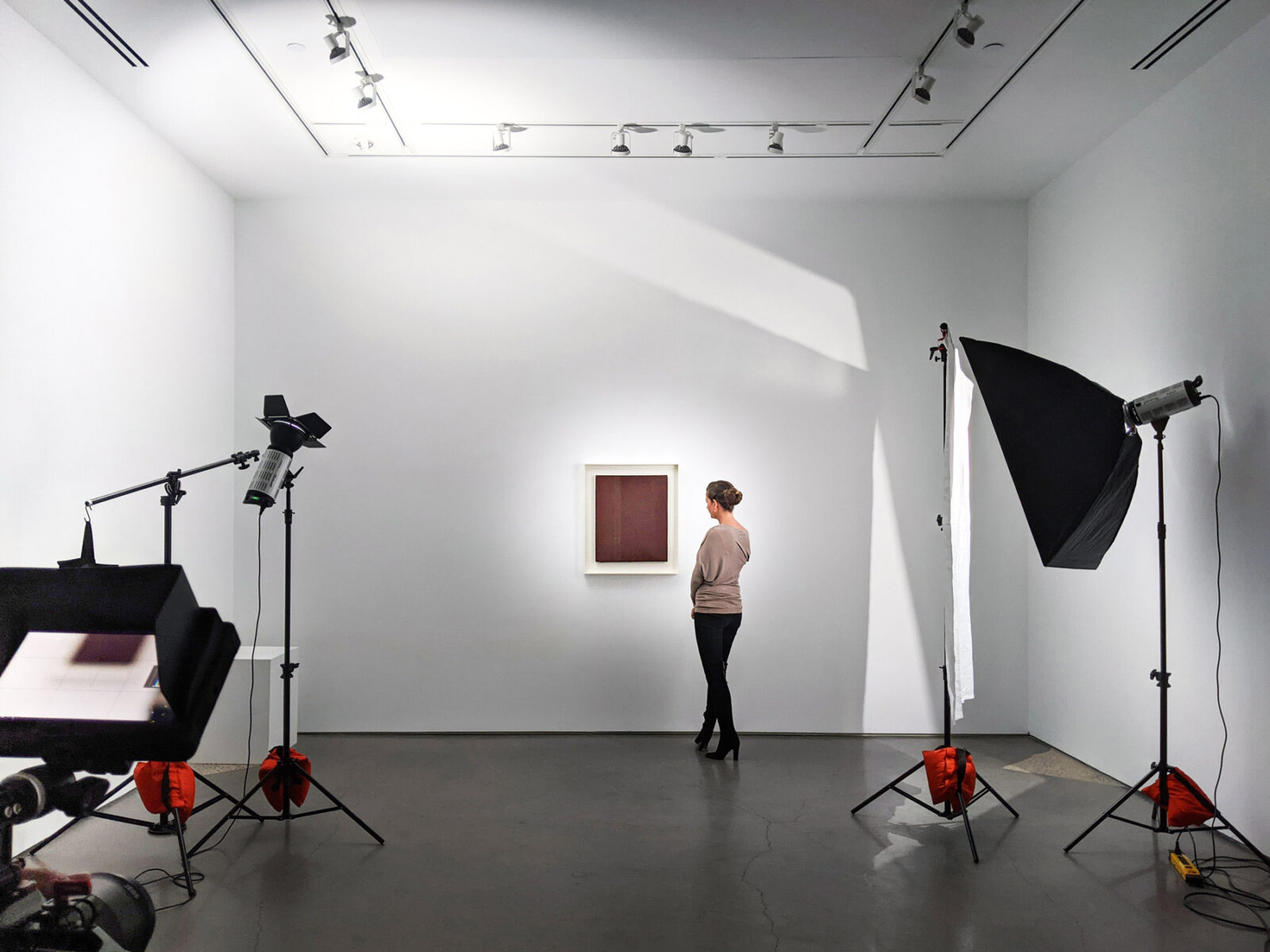 BTS video production of artwork documentation of a red painting in a viewing room gallery with multiple lights, cameras and a viewer.