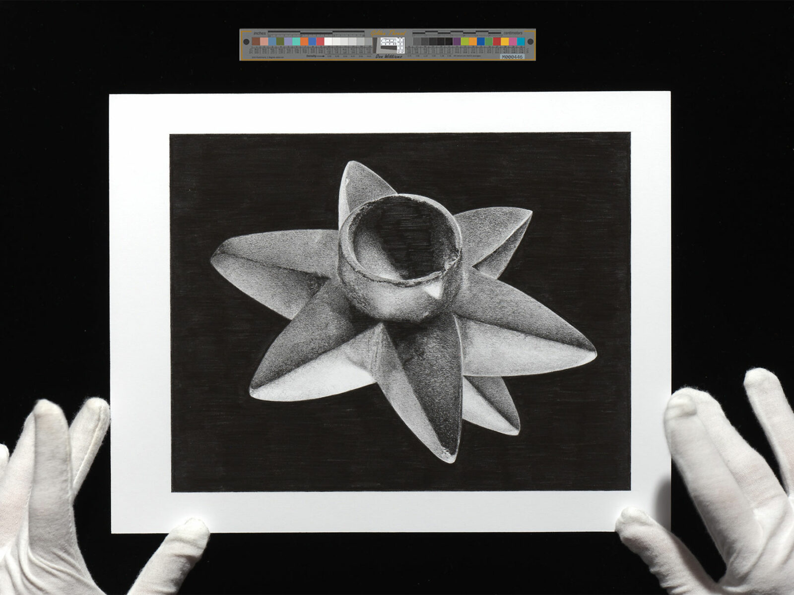 Two hands with white globes setting a pencil drawing to be captured –artwork documentation– on a black background with a color target.