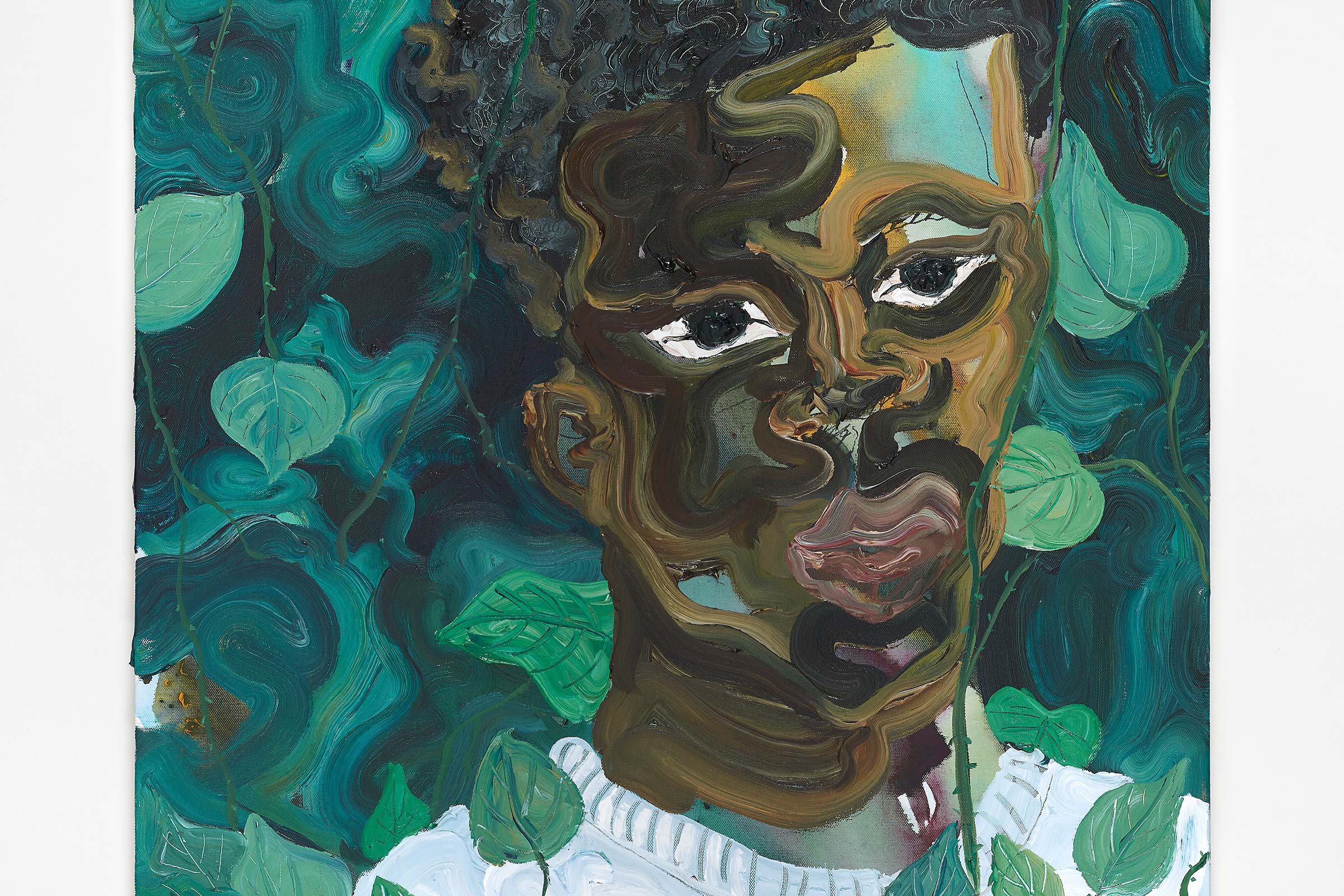 Artwork documentation of a bold painting of black person with green background. The work was documented using cross polarization.