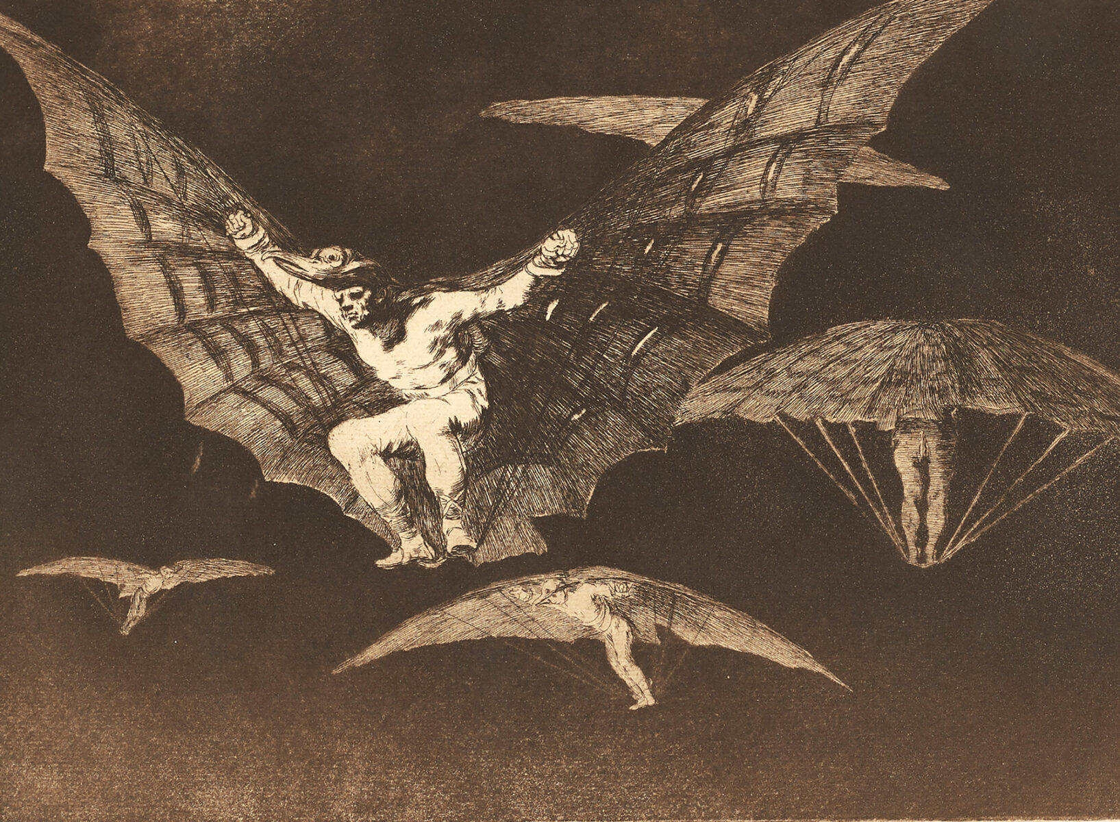Etching by Goya with several figures flying using large bat-shaped wings.